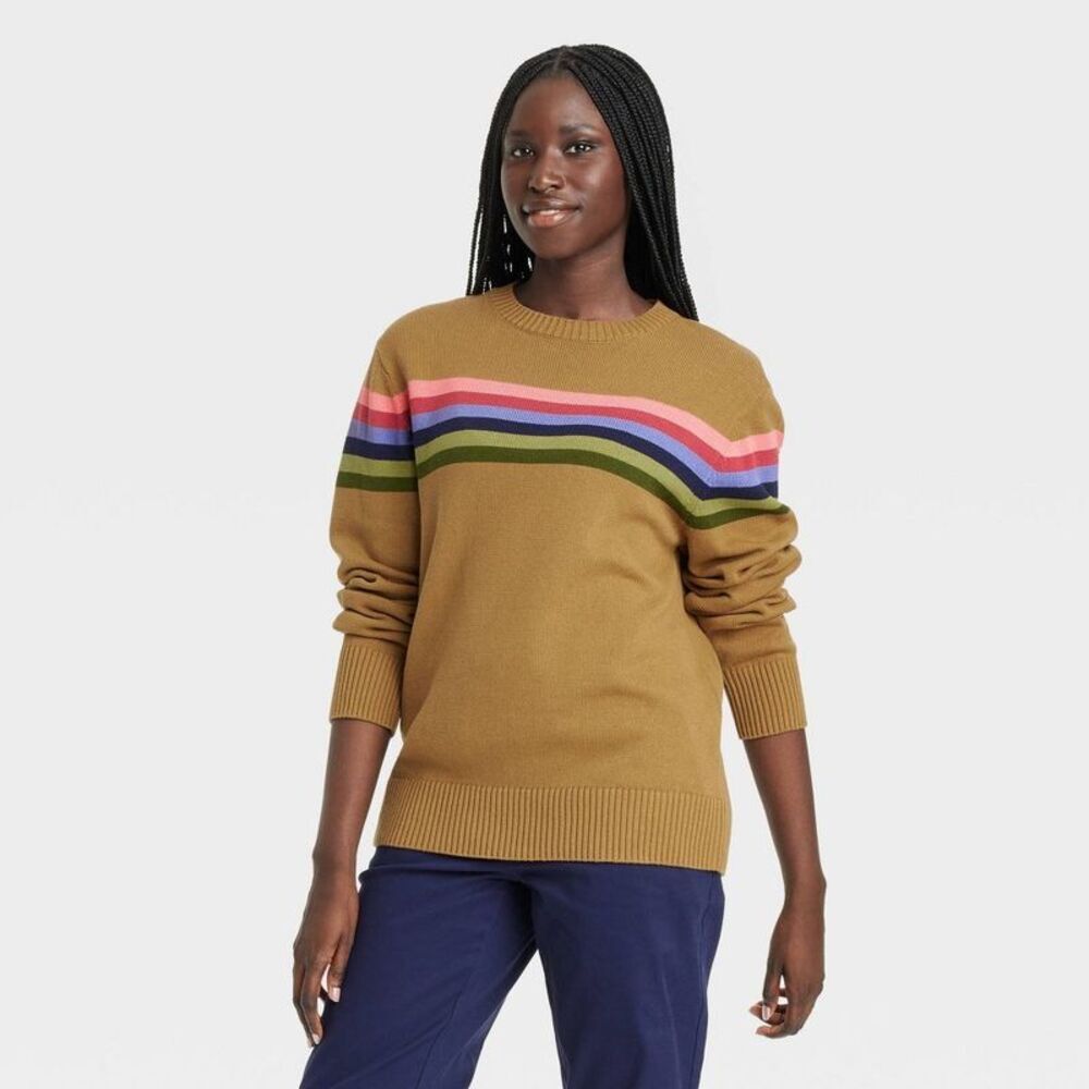 Houston White Adult Striped Crewneck Pullover Sweater - Tan XXL